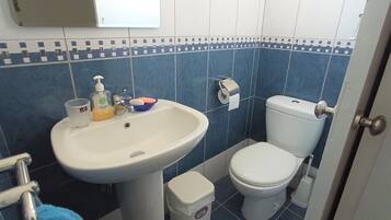 Combined shower/tub, hair dryer, towels