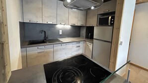 A modern kitchen with a stainless steel sink, a built-in microwave, a refrigerator, and a glass-enclosed stove. - GROTTE AUX FÉES A – Ski-in/ski-out apartment – ​​Wi-Fi – Parking (La Clusaz)