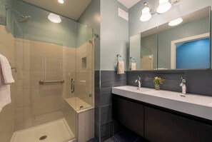 Combined shower/tub, hair dryer, towels, shampoo