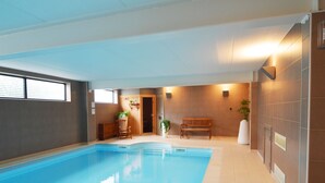 Una piscina interior con suelo de baldosas, bancos y plantas en macetas.