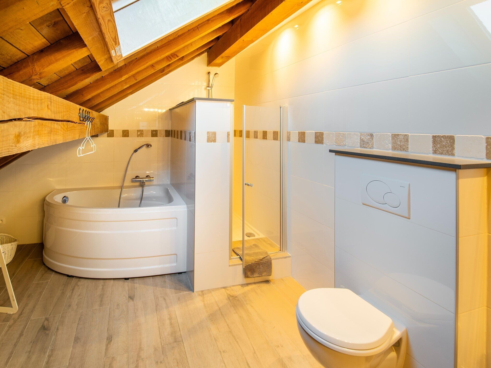 A modern bathroom with a freestanding bathtub, a shower, and a toilet.