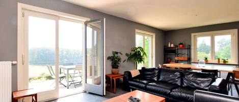 Télévision, cheminée, lecteur de DVD, table de tennis de table