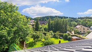 A residential area with houses, trees, and a clear sky. - Mountain Home with Garden (Černý Důl)
