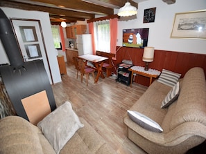 Télévision, cheminée, lecteur de DVD, table de tennis de table