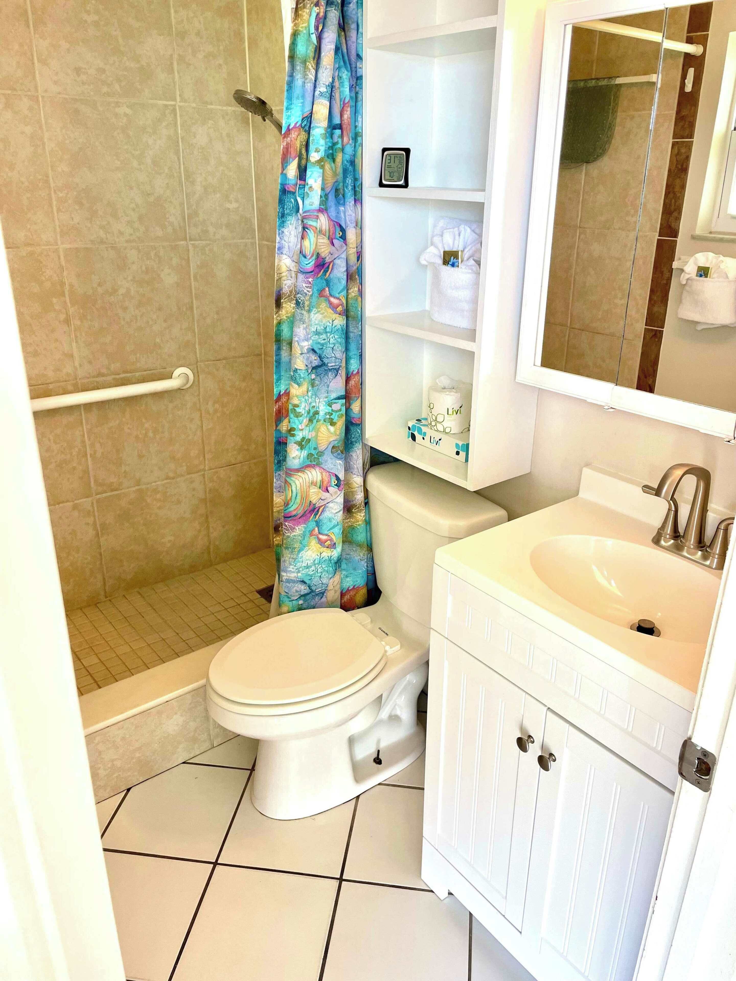 Shower, hair dryer, towels, shampoo