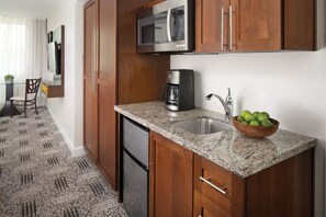 Fridge, microwave, coffee/tea maker, toaster