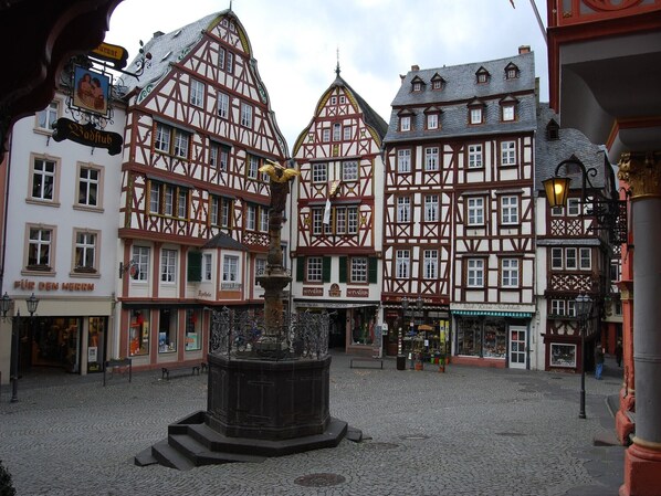 A traditional European town square with half-timbered buildings, a central fountain, and cobblestone pavement.
