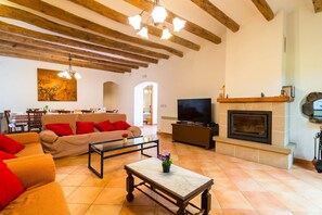 Télévision, cheminée, lecteur de DVD, table de tennis de table