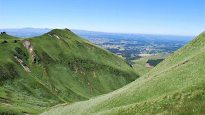 Ein weiter Panoramablick über ein üppiges, grünes Tal mit sanften Hügeln und strahlend blauem Himmel.