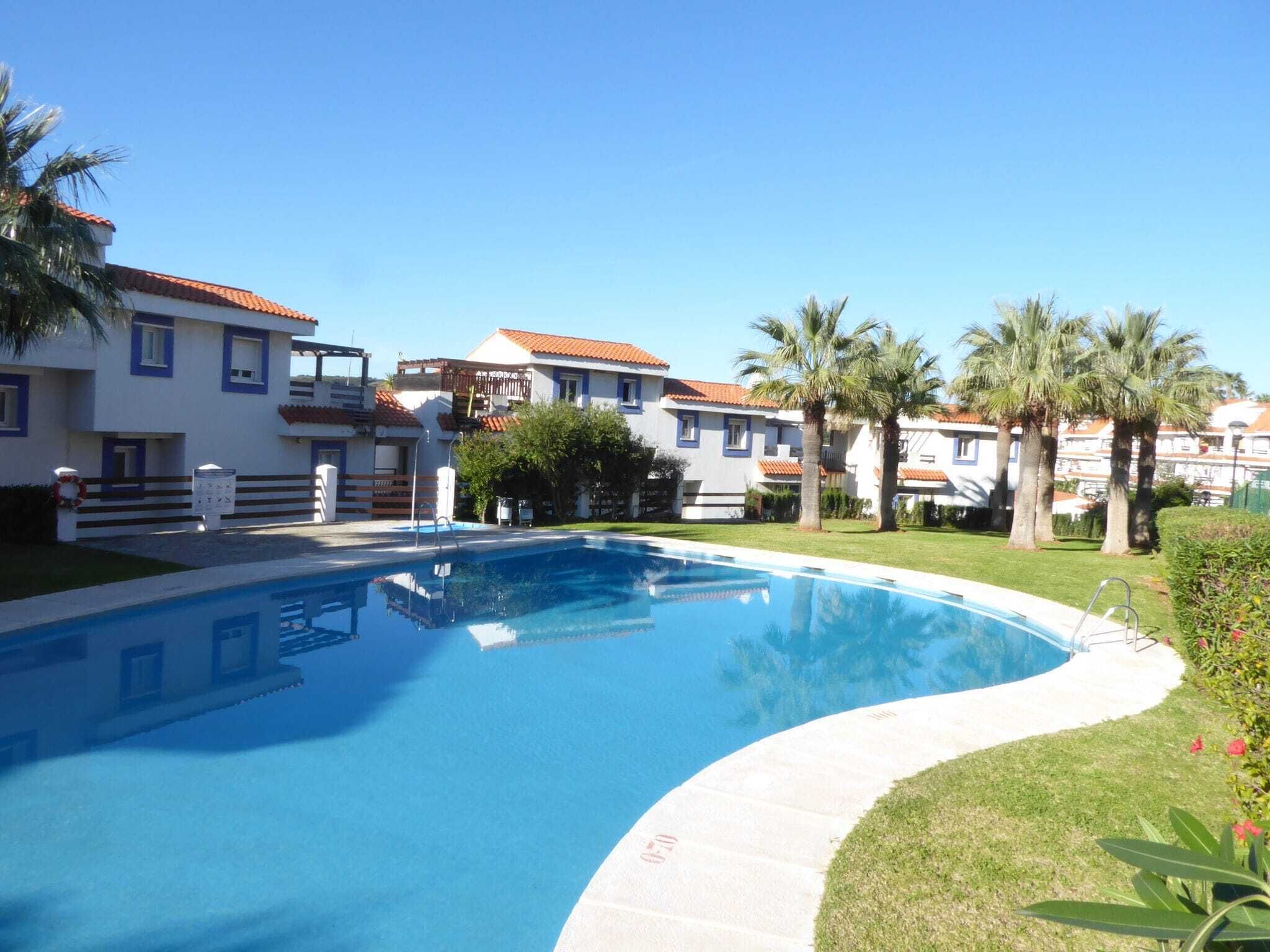 Una piscina amb aigua transparent de color blau, envoltada d'un solàrium blanc. Hi ha palmeres i una zona verda al primer pla.