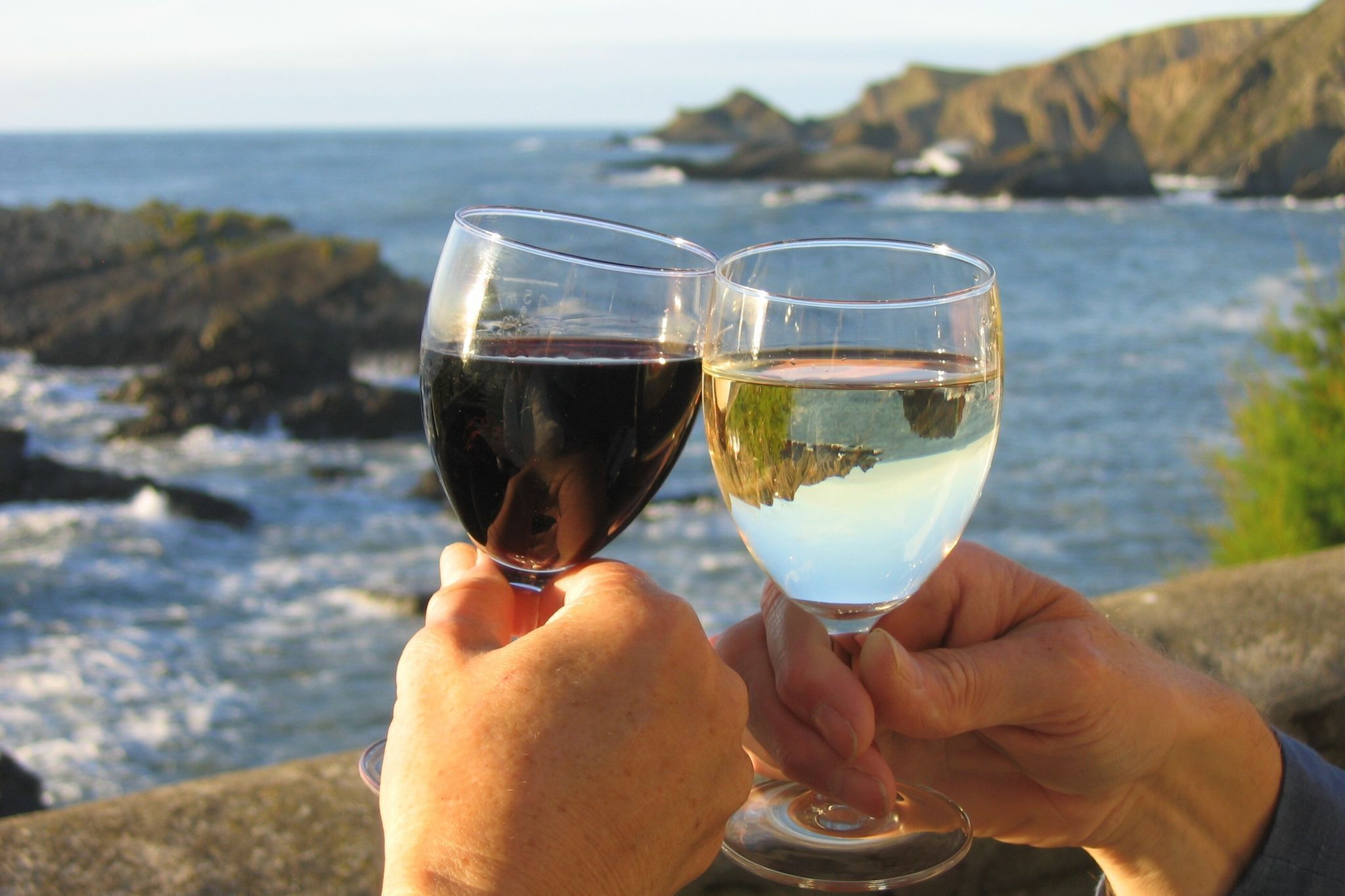 Two hands holding wine glasses with a rocky coastline and ocean in the background.