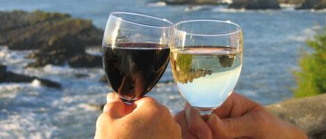 Two hands holding wine glasses with a rocky coastline and ocean in the background.