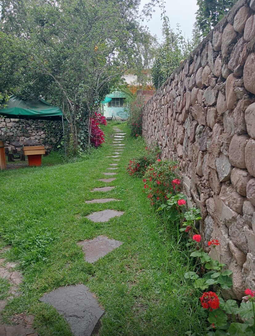 Un mur de pierre, un chemin de pierre et des fleurs rouges.