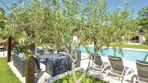 An outdoor pool area with lounge chairs and a table, surrounded by olive trees. - Luxury villa with heated jacuzzi and garden (Le Muy)
