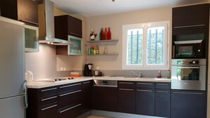 Une cuisine moderne avec des meubles de couleur sombre, un réfrigérateur en acier inoxydable, un four encastré et une fenêtre donnant sur un paysage verdoyant.