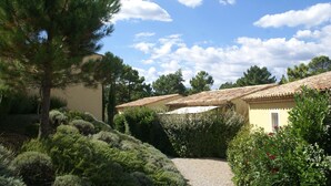 A rural setting with a gravel path leading to a yellow building with a tiled roof, surrounded by dense greenery and trees.