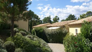 A courtyard with a gravel path, surrounded by lush greenery and pine trees. There are buildings with tiled roofs in the background. - Apartment in Montauroux with Pool & Forest Views (Montauroux)