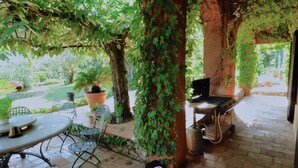 A covered patio area with a table and chairs, a grill, and potted plants. - Mansion in Fréjus with Private Pool (Fréjus)