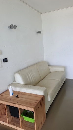 A white leather sofa in a corner of a room with a wooden coffee table and a green trash bin. - VILLA WITH PRIVATE POOL (Zagreb)