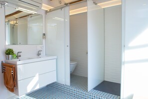Shower, hair dryer, towels, soap