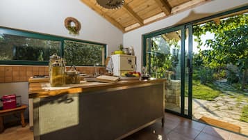 Fridge, stovetop, dishwasher, coffee/tea maker