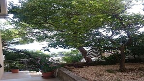 A garden area with potted plants, a tiled patio, and a tree with a striped cloth. - Cozy Apartment Brela (Brela)