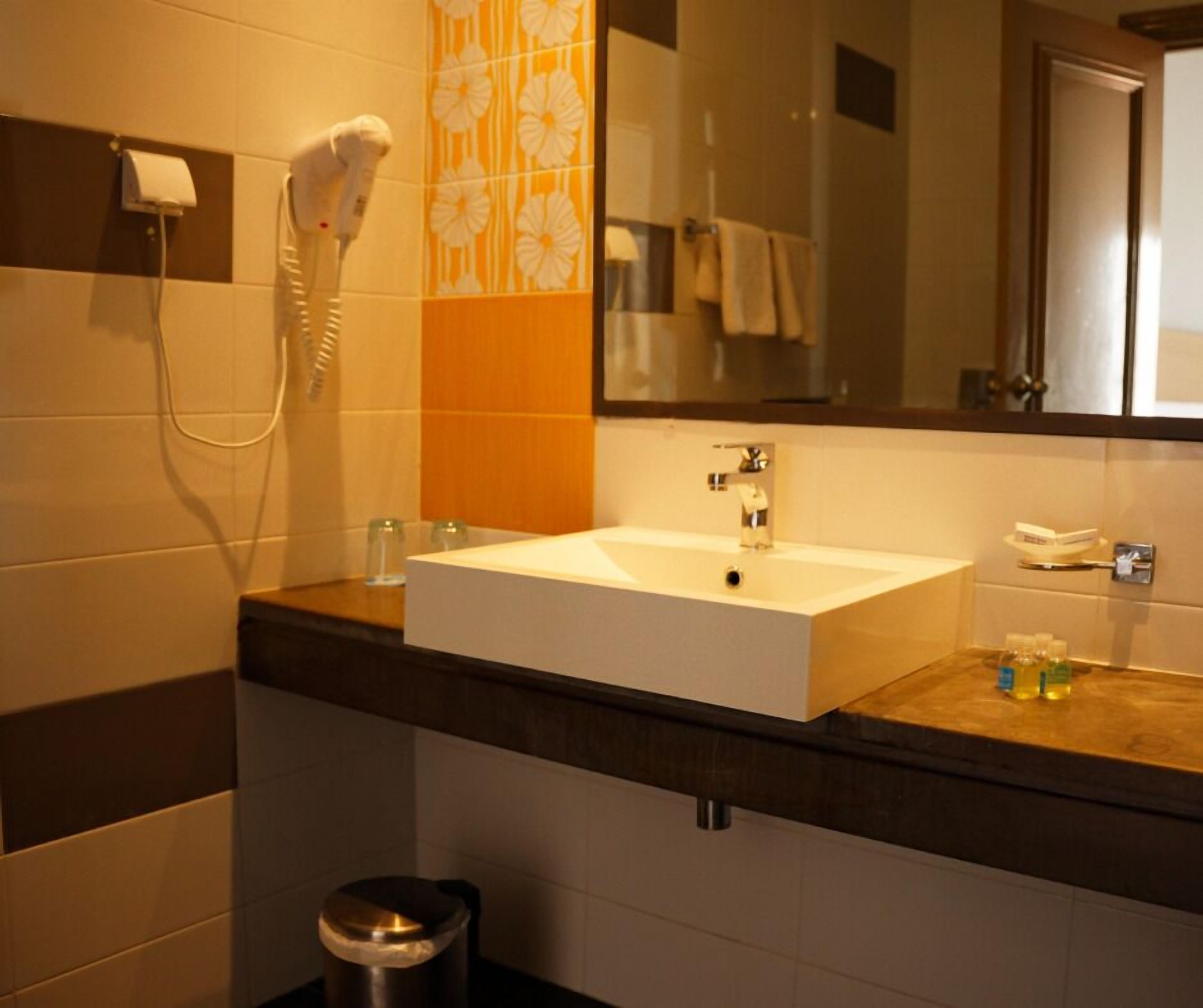 bathtub, hair dryer, towels, soap