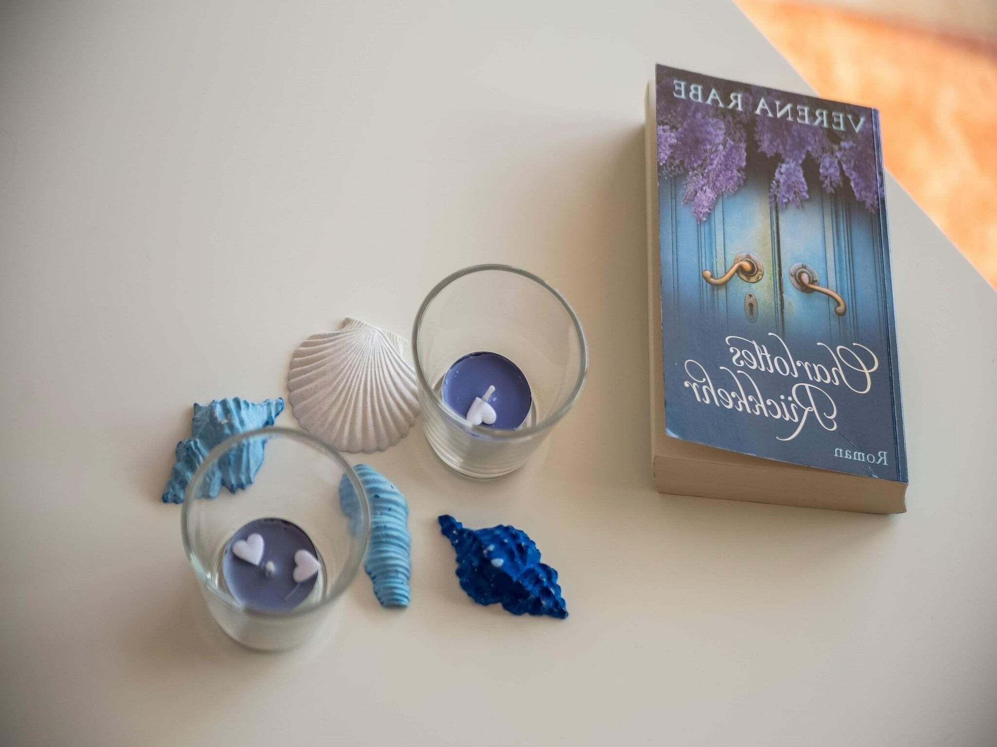 A book titled 'VERA LENA' with a nautical theme, placed on a table with decorative items like seashells and blue crystals.