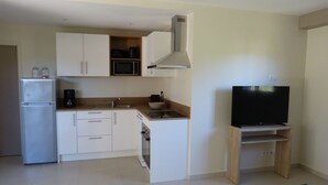 A compact kitchen with a refrigerator, microwave, sink, and a television on a wooden stand. - Mini villa in the heart of a pretty garden (Porto-Vecchio)