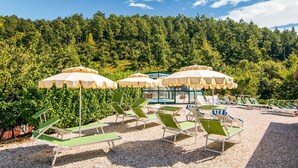 A beach area with sun loungers and umbrellas, surrounded by dense forest. - Panoramic Countryside Home (Apecchio)