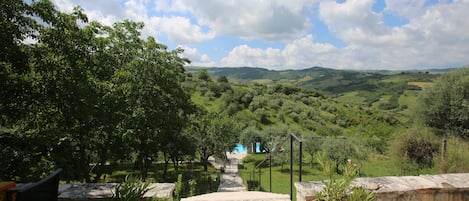 Une terrasse en pierre agrémentée de plantes en pot, qui offre une vue sur une vallée verdoyante, avec une piscine et un sentier menant à celle-ci.