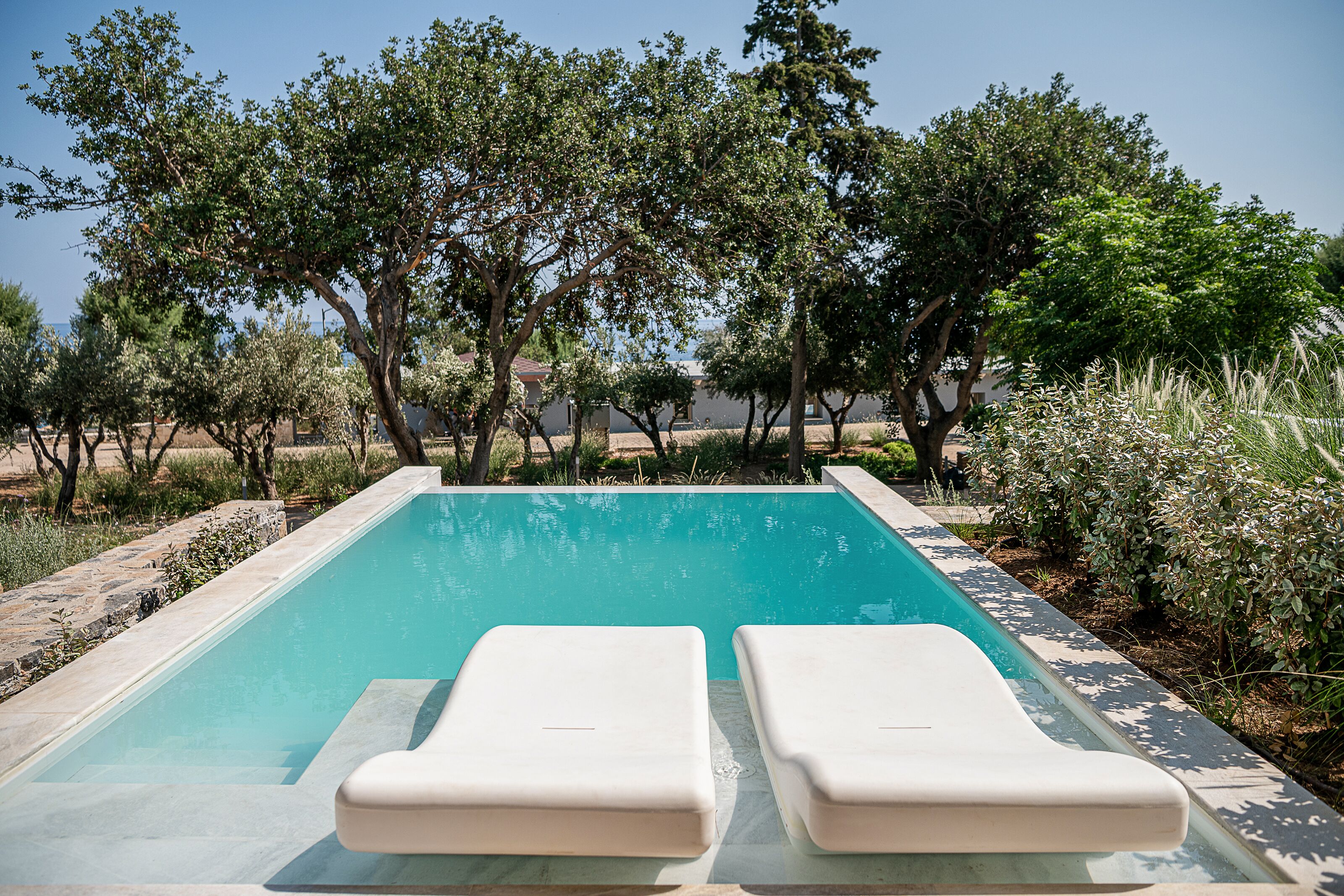 Una piscina rectangular con dos sillas reclinables blancas mirando al agua, rodeada de árboles y un borde de piedra.