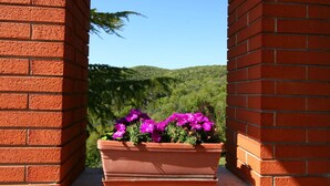 A terracotta flower pot with vibrant purple flowers on a balcony with red brick walls and a view of a green hillside.