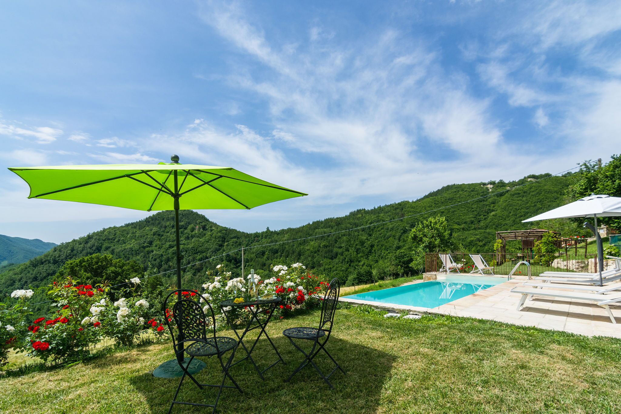 A pool area with a table and chairs, surrounded by flowers and a view of hills.