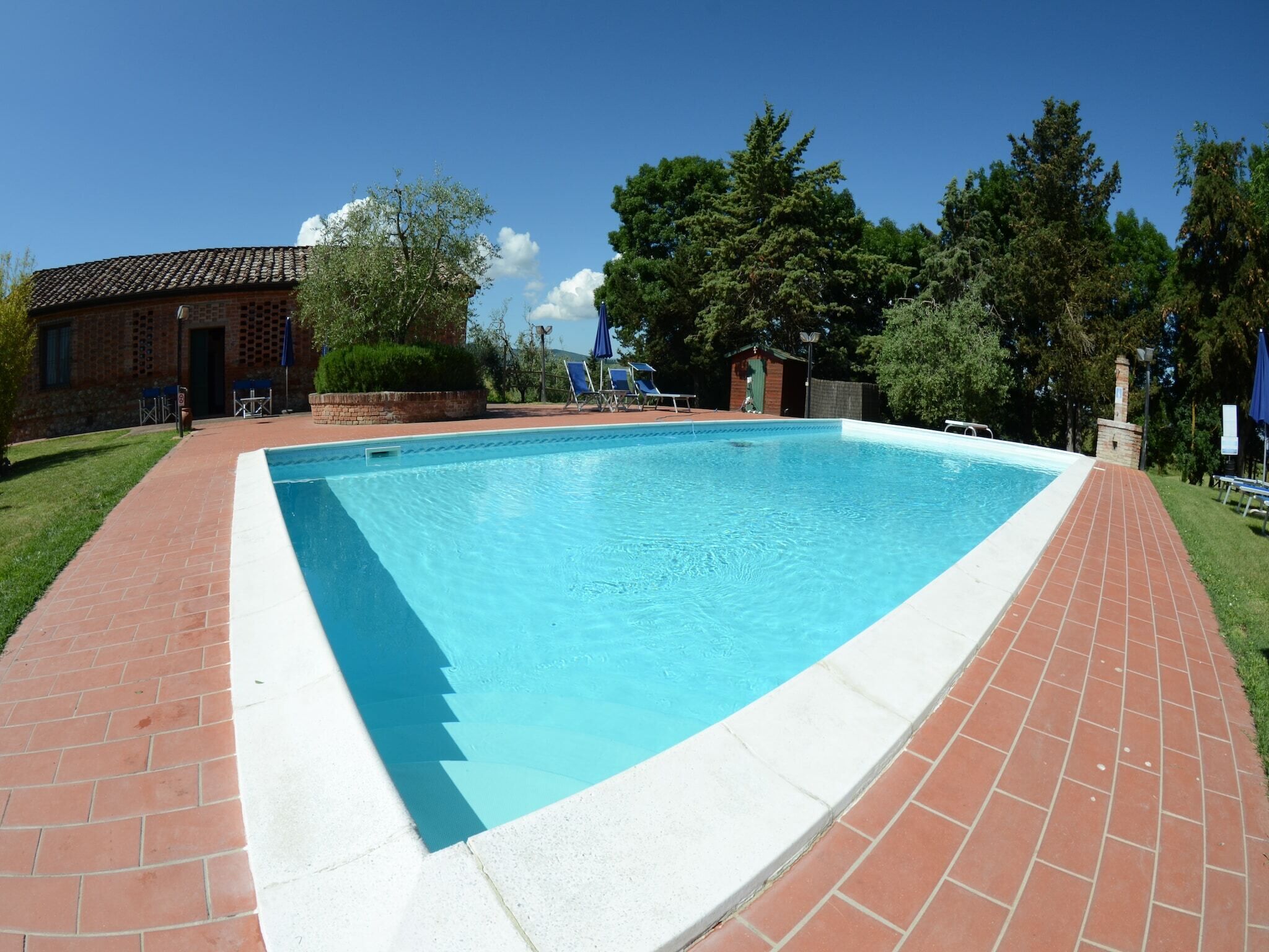 Une piscine rectangulaire bordée de briques, entourée d’une pelouse et d’arbres.