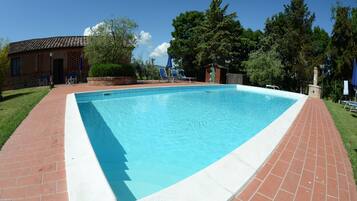 A rectangular swimming pool with a brick border, surrounded by a grassy area and trees.