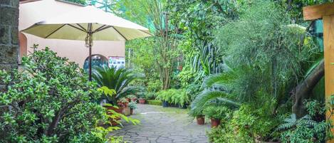 A stone-paved garden with potted plants and a large umbrella.