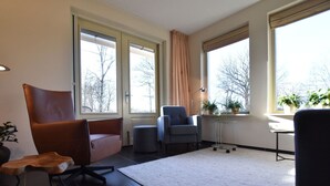 A modern living room with a brown leather chair, a blue armchair, and a small round table. There are large windows with curtains, a white rug, and potted plants on the windowsill. - Rural holiday home with terrace (Zuidwolde)