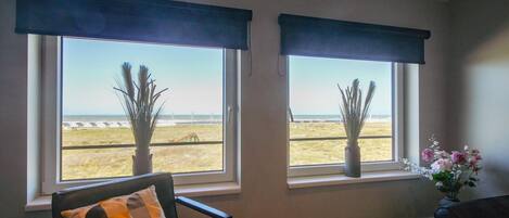 A room with two windows, each with a view of a beach and a fence. There are two potted plants on the windowsills.