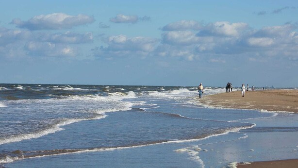 Une plage avec des vagues, des gens et un ciel dégagé.