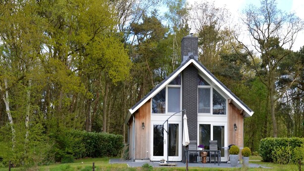 A modern house with a large front porch, a chimney, and a view of the surrounding forest. - Chalet in Reutum with Sauna and Nature (Reutum-Weerselo)