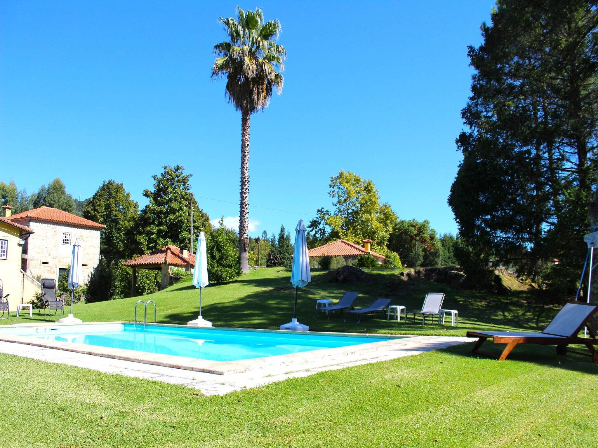 Una piscina con sillas de descanso, una palmera y un edificio de piedra.