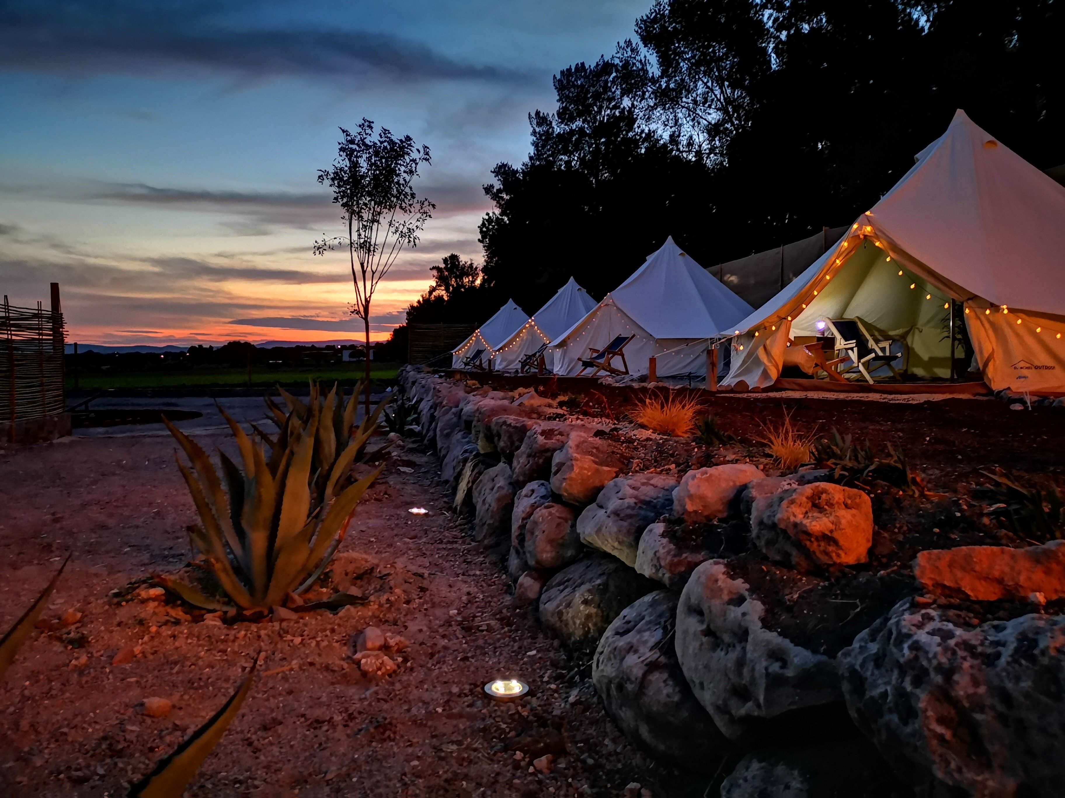 Une rangée de tentes blanches illuminées de guirlandes lumineuses, se détachant sur un ciel crépusculaire, avec un sentier rocheux et un agave au premier plan.