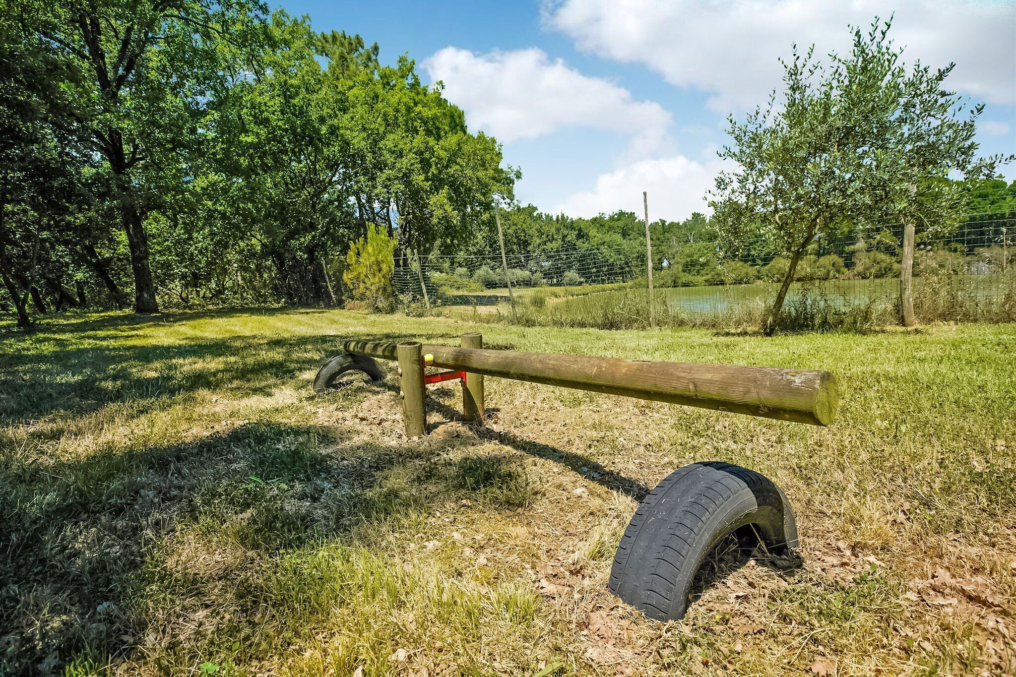Un décor extérieur rustique avec une balançoire en bois, un pneu et une clôture.