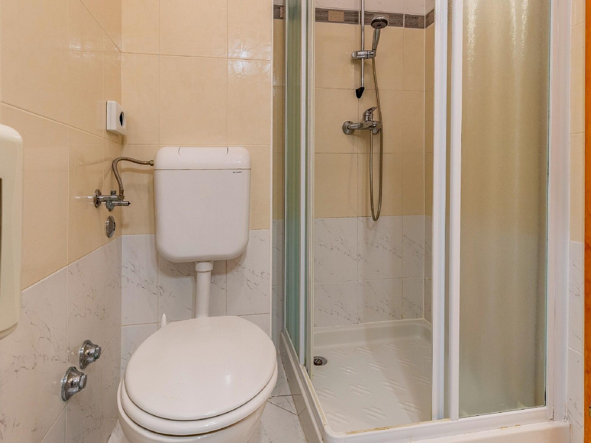 A bathroom with a toilet, a shower, and a glass-enclosed shower stall.