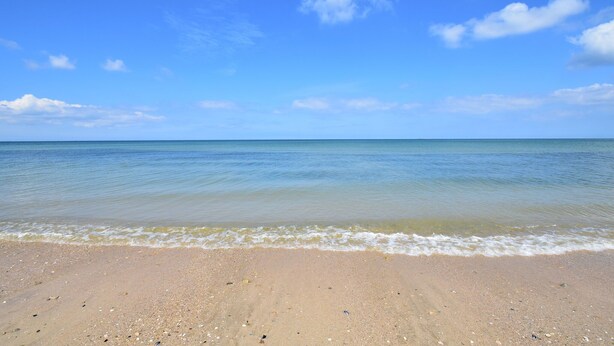 A beach with clear blue water and a sandy shore. - Beautiful holiday home with courtyard (Ravenoville-Plage)