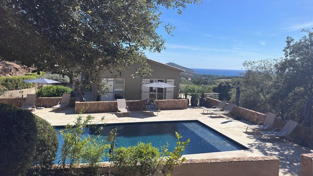 A poolside area with lounge chairs, a swimming pool, and a view of the sea. - Villa with pool, between olive trees and sea - fantastic view! (Cargèse)