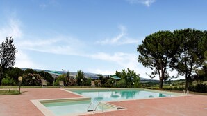 Una piscina rectangular con plataforma de ladrillo, rodeada de árboles y un cielo despejado.