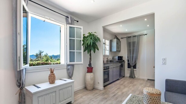 A modern living room with a white console table, a large potted plant, and a view of the outdoors. - Riviera Hideaway for 2 Guests (La Roquette-sur-Siagne)