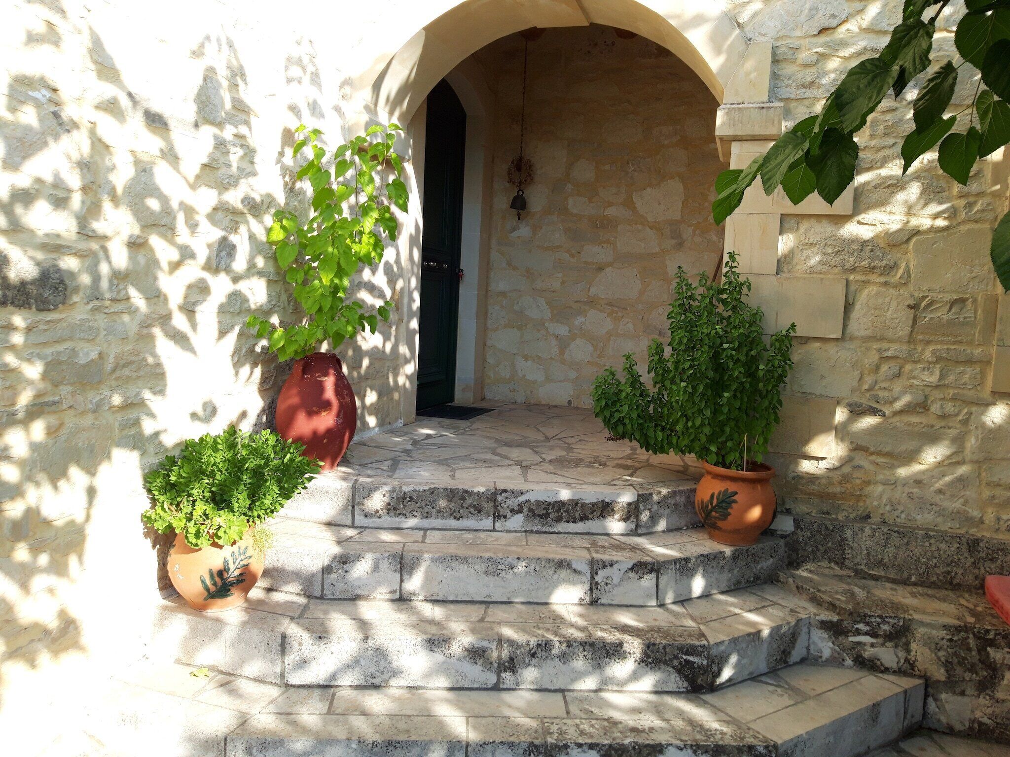 A stone staircase leading to a door with a bell above it, surrounded by potted plants.